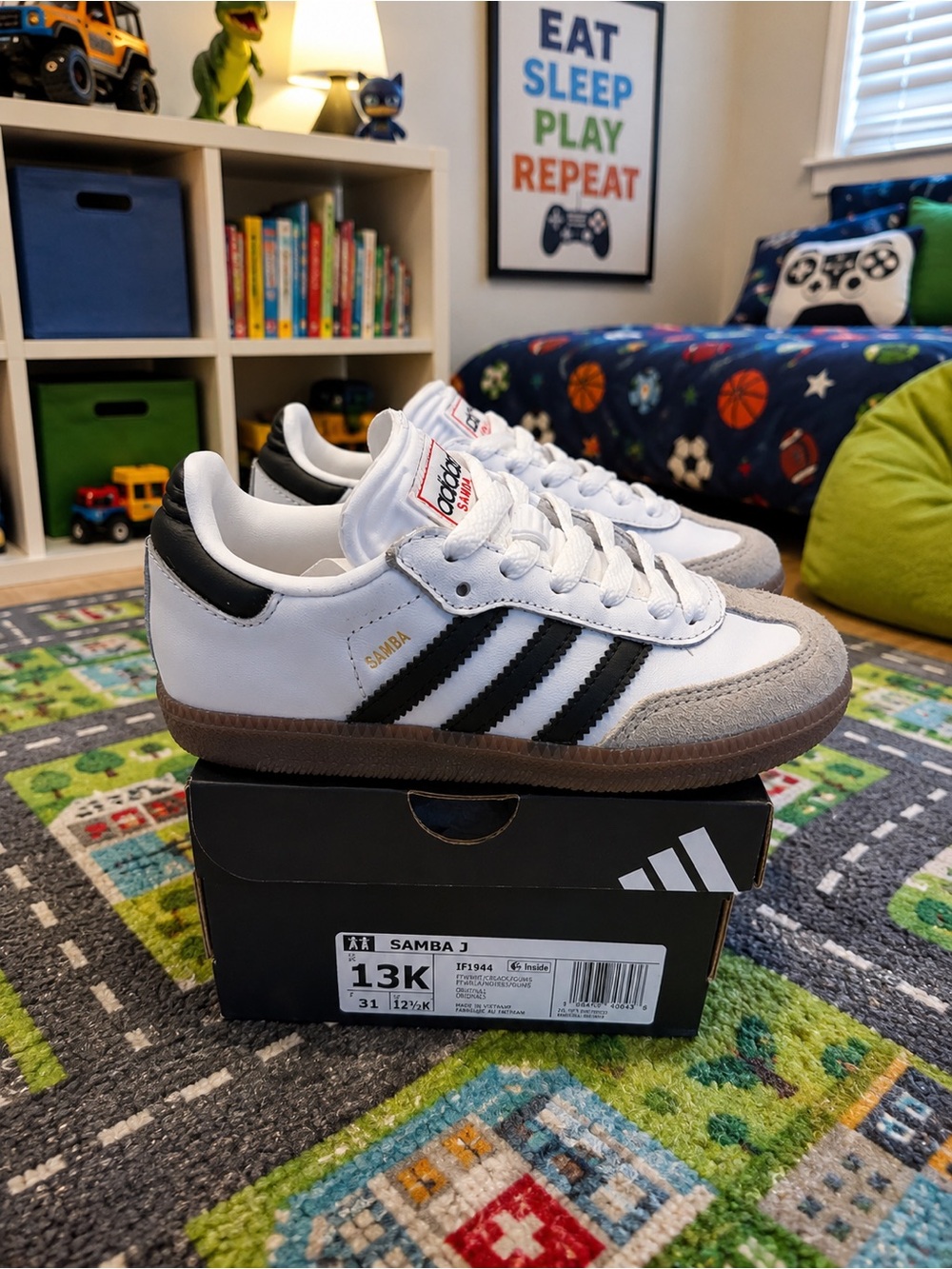 adidas Kids Samba in White with Black Stripes and Gum Sole